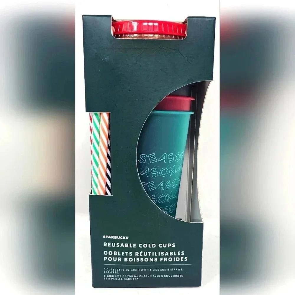 LMTD EDITION HOLIDAY 2019 STARBUCKS Reusable Cold Cups with Lids & Straws 5 Pack